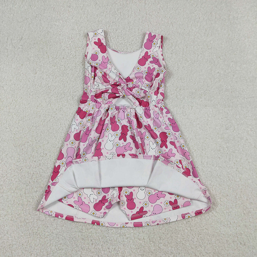 GSD3053 Pink Bunny Flowers Print Girls Easter Knee Length Yoga Dress