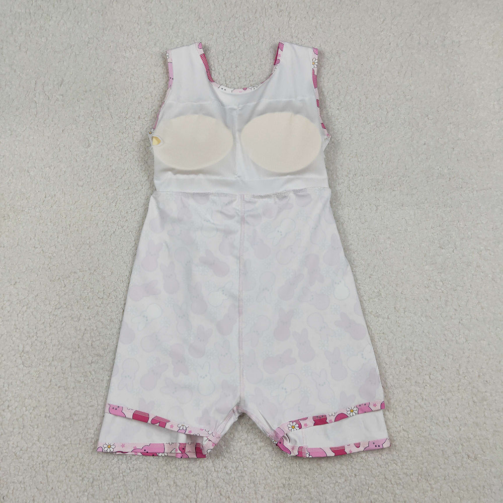 GSD3053 Pink Bunny Flowers Print Girls Easter Knee Length Yoga Dress