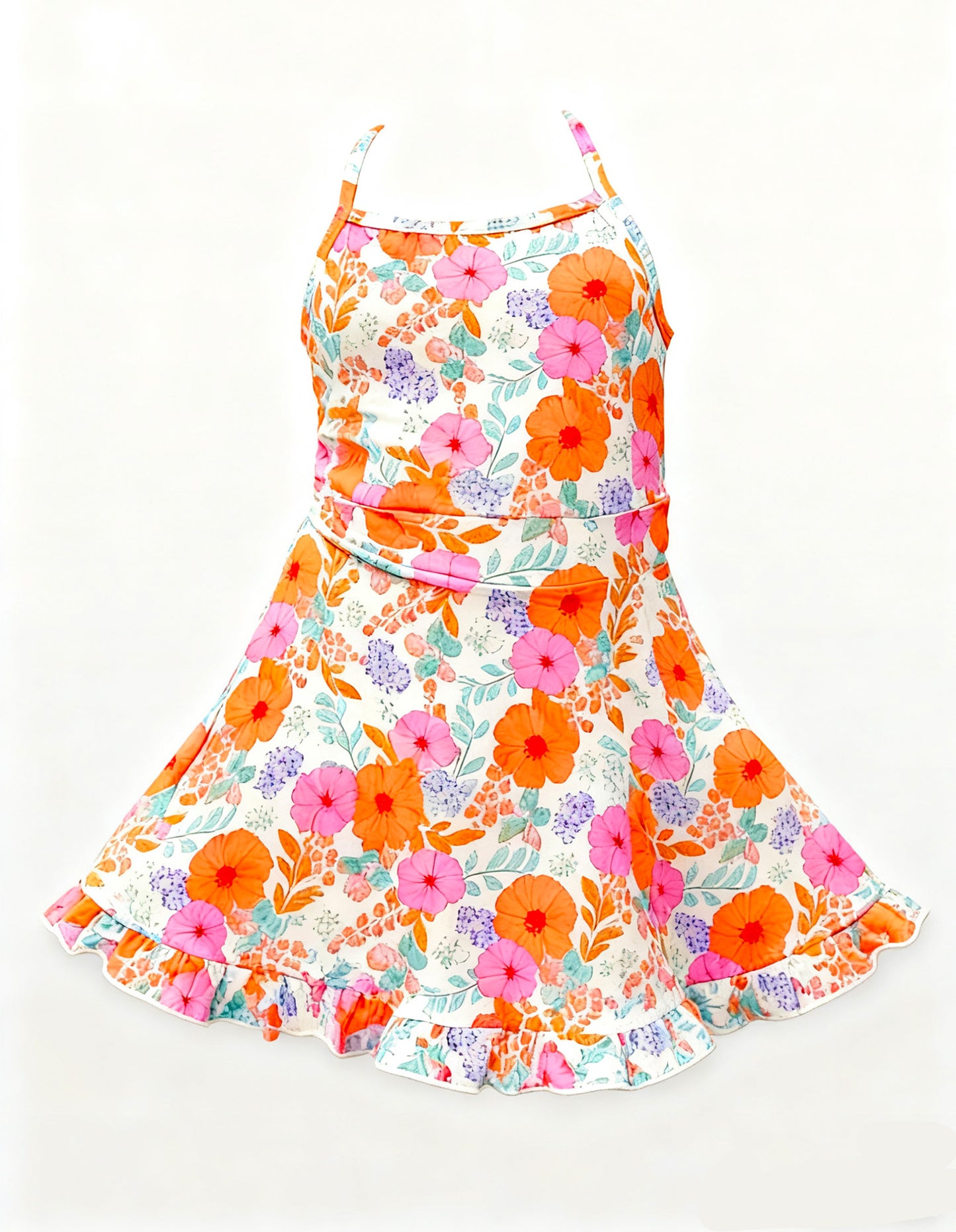 (Pre-order)GSD3054 Orange Pink Flowers Print Girls Summer Knee Length Yoga Dress