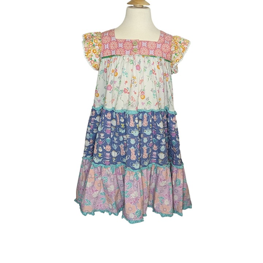 (Pre-order)GSD3058  Colorful Flowers Print Girls Summer Knee Length Dress
