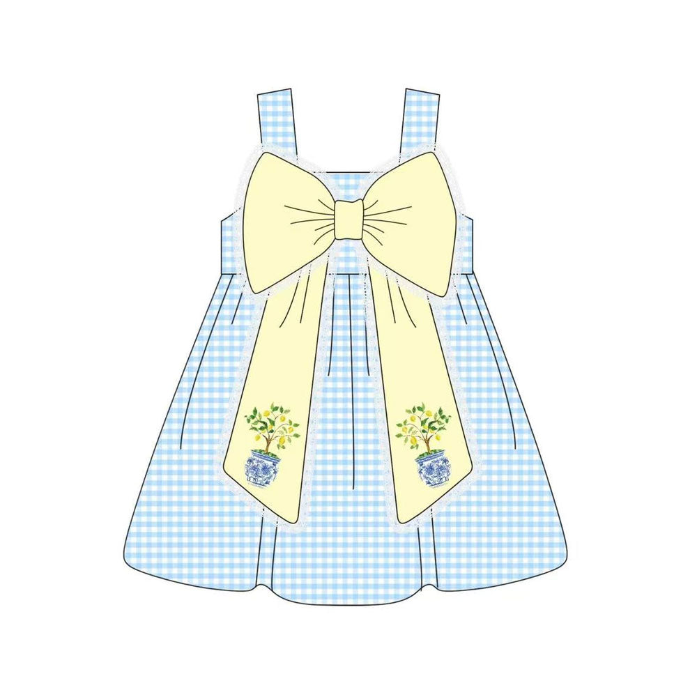 (Pre-order)GSD3063  Blue Plaid Print Big Bow Girls Summer Knee Length Dress