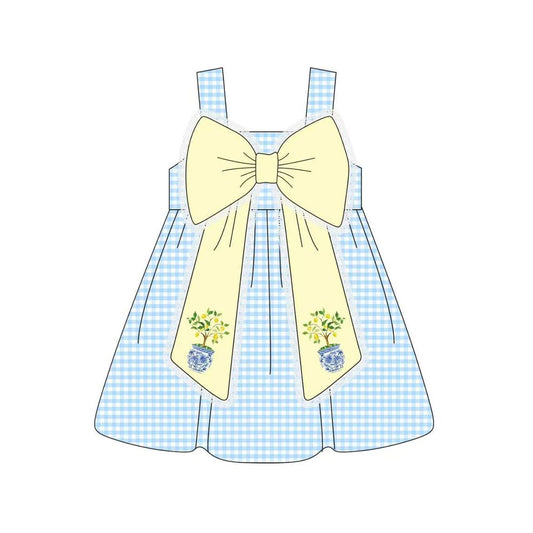 (Pre-order)GSD3063  Blue Plaid Print Big Bow Girls Summer Knee Length Dress