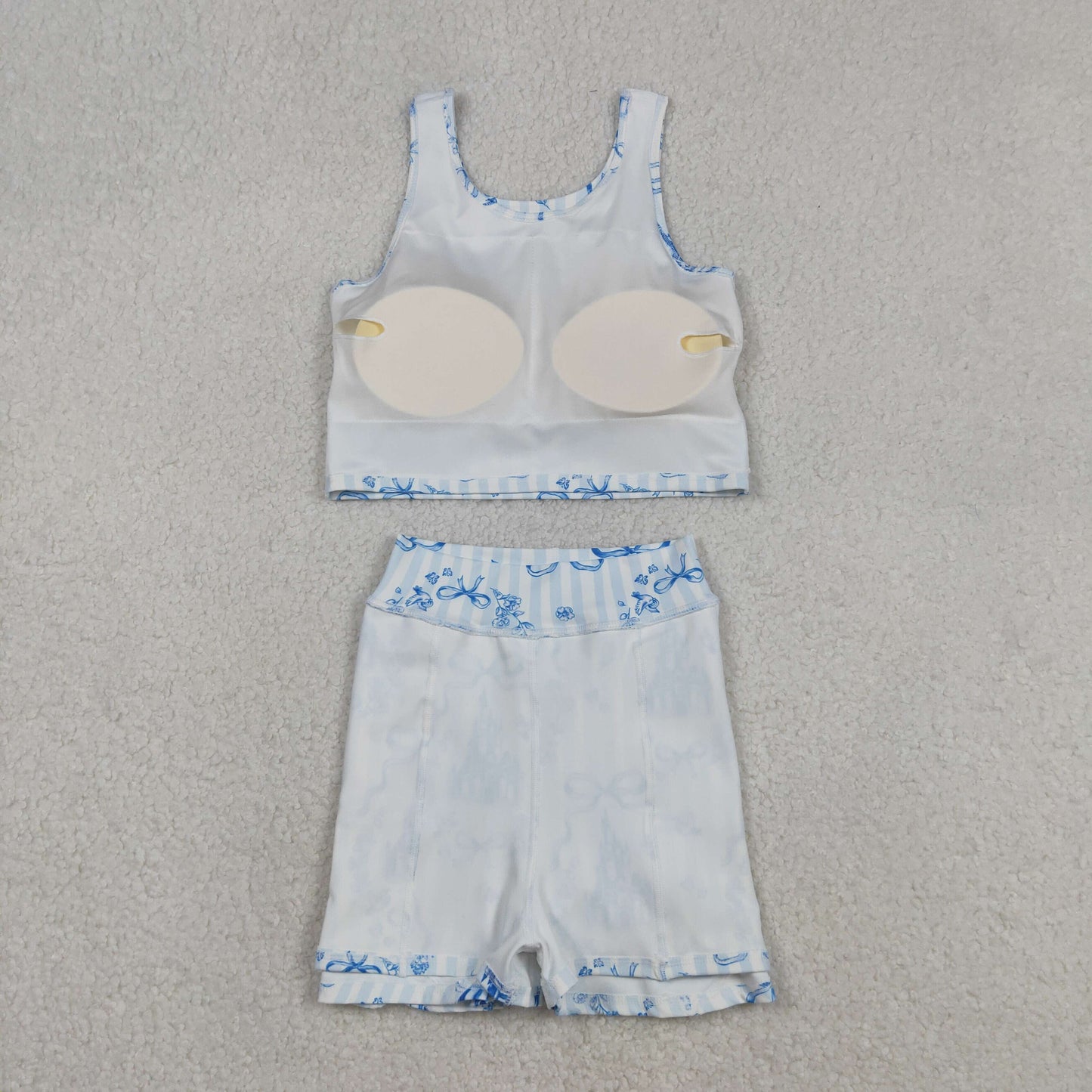 GSD3067 Blue Flowers Castle Bows Print Skirts Shorts Girls Summer Yoga Clothes Set