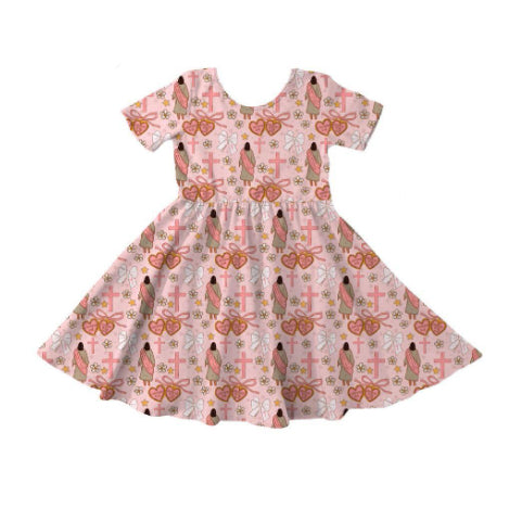 (Pre-order)GSD3071  Flowers Jesus Cross Print Girls Easter Knee Length Dress