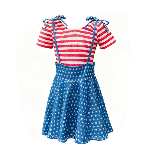 (Pre-order)GLK0189 Red Stripes Top Stars Blue Strap Dress Girls 4th of July 2 Pieces Clothes Set