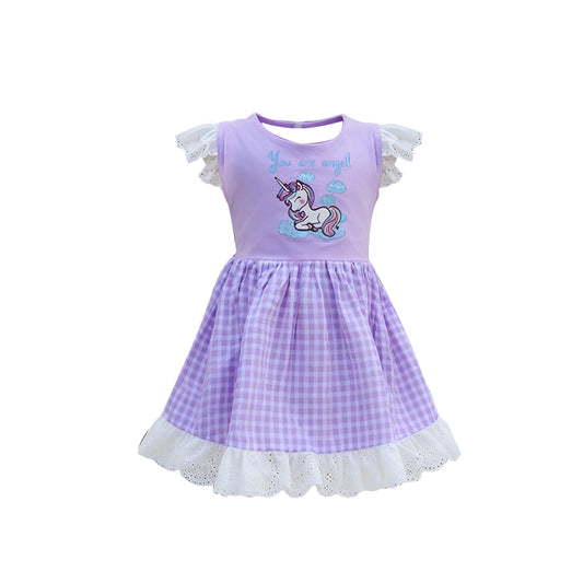 (Pre-order)GSD3077  Unicorn Purple Plaid Print Girls Summer Knee Length Dress