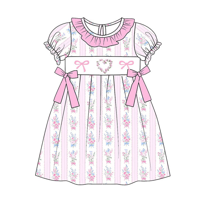 (Pre-order)GSD3078  Heart Pink Bows Flowers Print Girls Valentine's Day Knee Length Dress