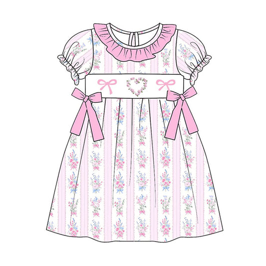 (Pre-order)GSD3078  Heart Pink Bows Flowers Print Girls Valentine's Day Knee Length Dress