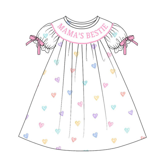 (Pre-order)GSD3082  MAMA'S BESTIE Colorful Heart Print Girls Valentine's Day Knee Length Dress