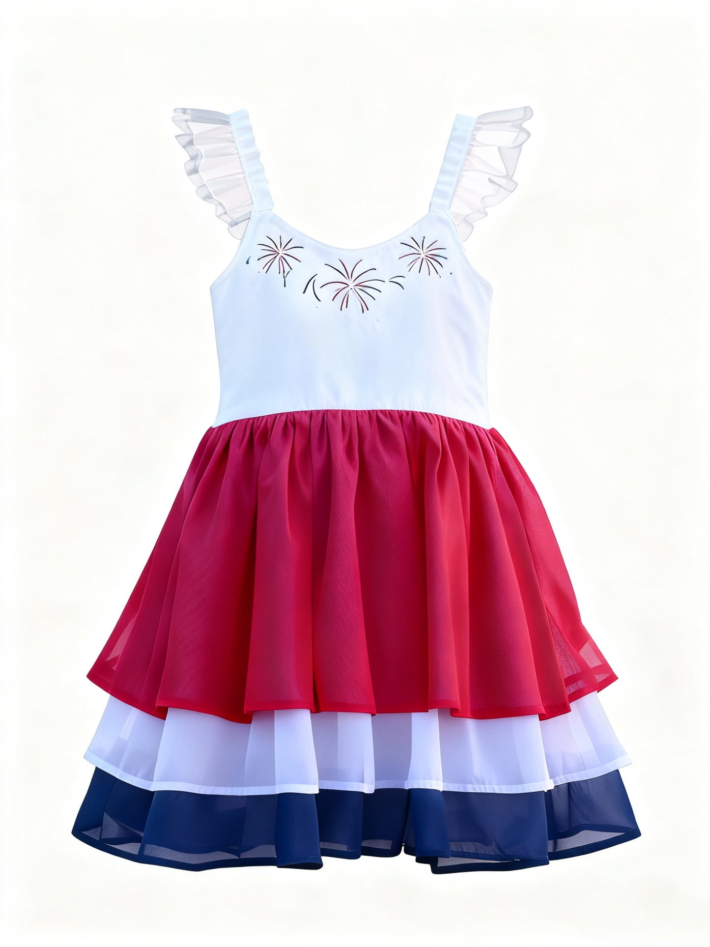 (Pre-order)GSD3084  Fireworks Print Girls 4th of July Knee Length Tulle Dress