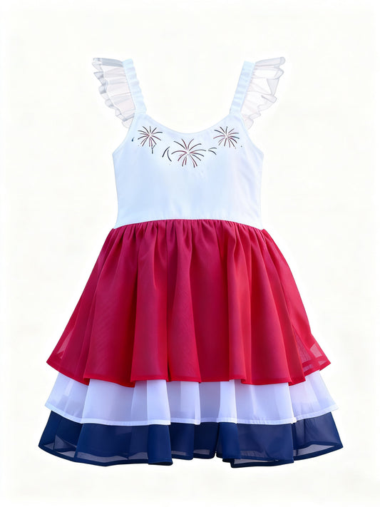 (Pre-order)GSD3084  Fireworks Print Girls 4th of July Knee Length Tulle Dress