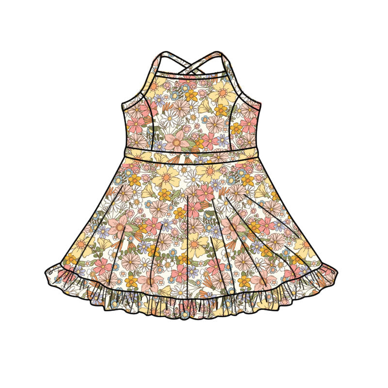 (Pre-order)GSD3087 Colorful Flowers Print Girls Summer Knee Length Yoga Dress