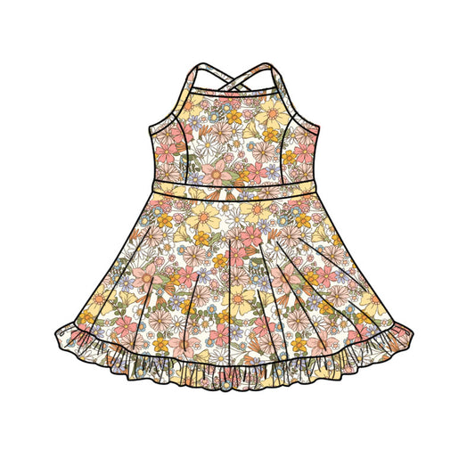 (Pre-order)GSD3087 Colorful Flowers Print Girls Summer Knee Length Yoga Dress