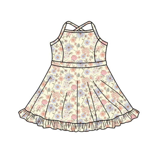 (Pre-order)GSD3088 Pink Blue Flowers Print Girls Summer Knee Length Yoga Dress