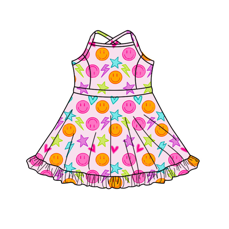 (Pre-order)GSD3089 Smiling Face Heart Stars Print Girls Summer Knee Length Yoga Dress