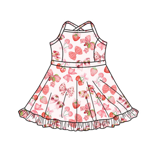 (Pre-order)GSD3090 Strawberry Cherry Bows Print Girls Summer Knee Length Yoga Dress