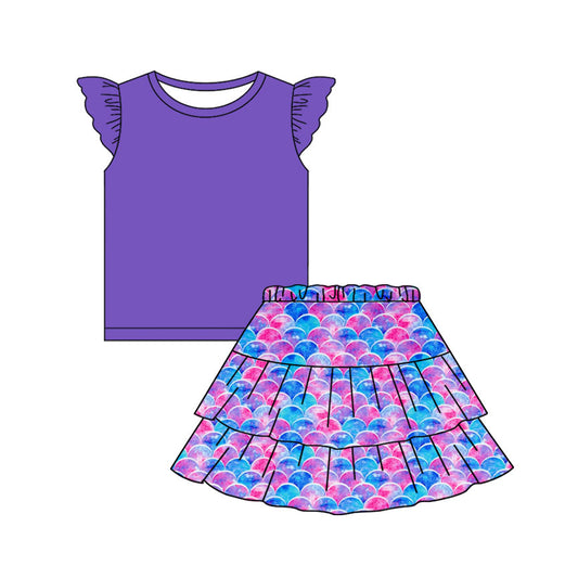 (Pre-order)GSD3091 Purple Top Scale Skirts Girls Summer Clothes Set
