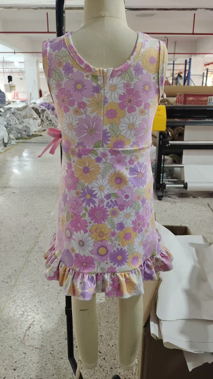 GSD3095 Colorful Flowers Print Girls Summer Knee Length Yoga Dress