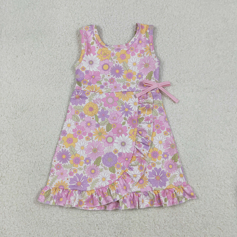 GSD3095 Colorful Flowers Print Girls Summer Knee Length Yoga Dress