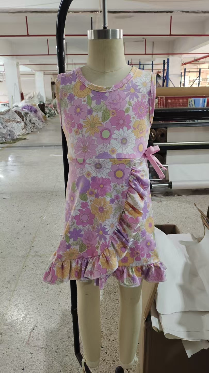 GSD3095 Colorful Flowers Print Girls Summer Knee Length Yoga Dress