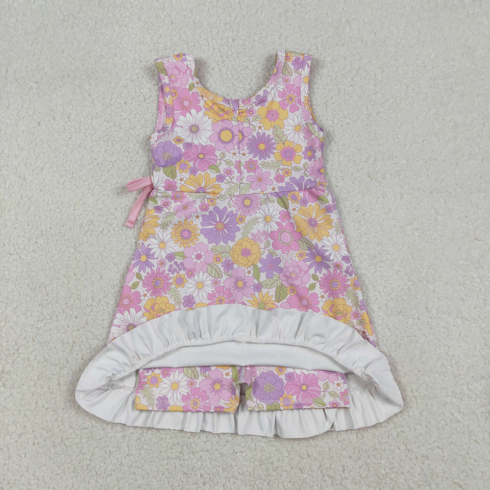 GSD3095 Colorful Flowers Print Girls Summer Knee Length Yoga Dress