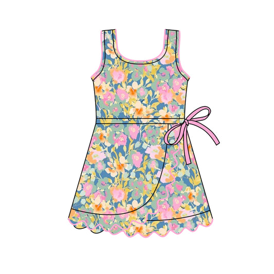 (Pre-order)GSD3096 Pink Flowers Print Girls Summer Knee Length Yoga Dress