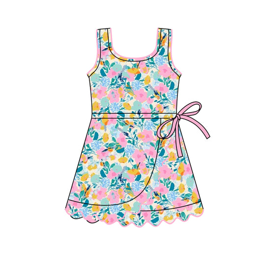 (Pre-order)GSD3097 Pink Flowers Print Girls Summer Knee Length Yoga Dress