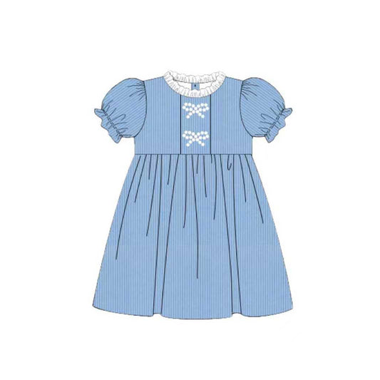 (Pre-order)GSD3102  Blue Stripes Print Girls Summer Knee Length Dress