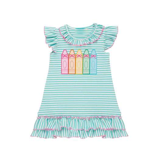 (Pre-order)GSD3104  Pen Green Stripes Print Girls Back to School Knee Length Dress