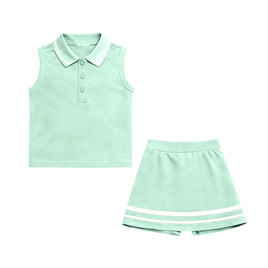 (Pre-order)GSD3106 Green Color Polo Top Shorts Skirts Girls Summer Yoga Clothes Set