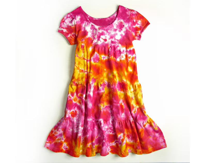(Pre-order)GSD3110  Red Tie-dye Print Girls Summer Knee Length Dress