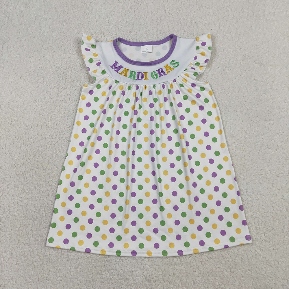 GSD3122 Mardi Gras Embroidery Dots Print Girls Knee Length Dress