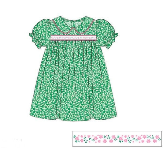 (Pre-order)GSD3124 Small Flowers Green Print Girls Summer Knee Length Dress