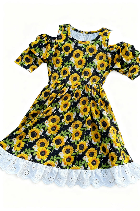 (Pre-order)GSD3127 Sunflowers Print Girls Summer Knee Length Dress