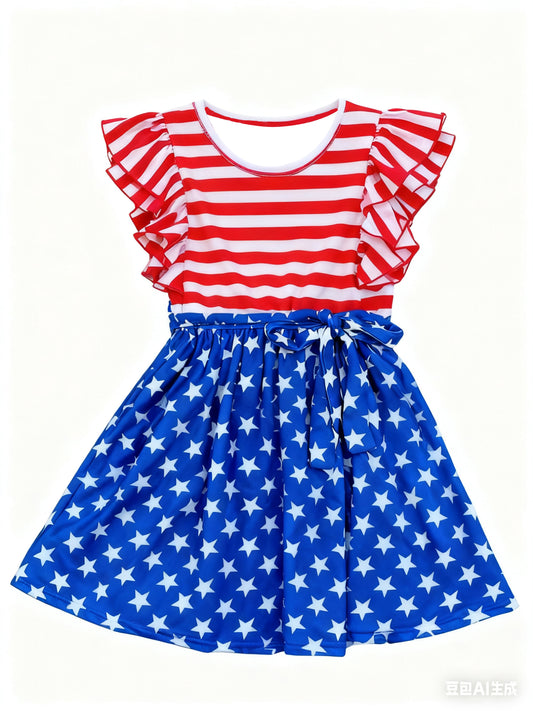 (Pre-order)GSD3130 Stripes Stars Print Girls 4th of July Knee Length Dress