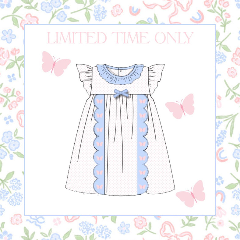 (Pre-order)GSD3136 Butterfly Dots Print Girls Summer Knee Length Dress