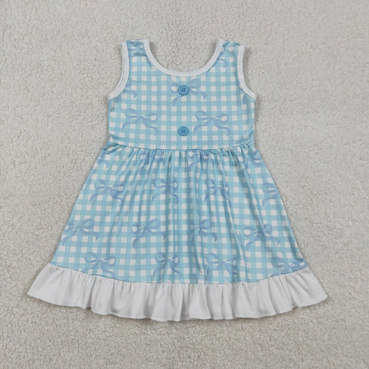 GSD3144 Bows Plaid Blue Print Girls Summer Knee Length Dress