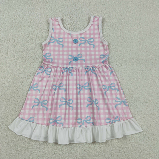 GSD3145 Bows Plaid Pink Print Girls Summer Knee Length Dress