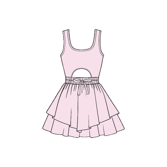(Pre-order)GSD3184 Light Pink Color Girls Summer Backless Knee Length Yoga Dress