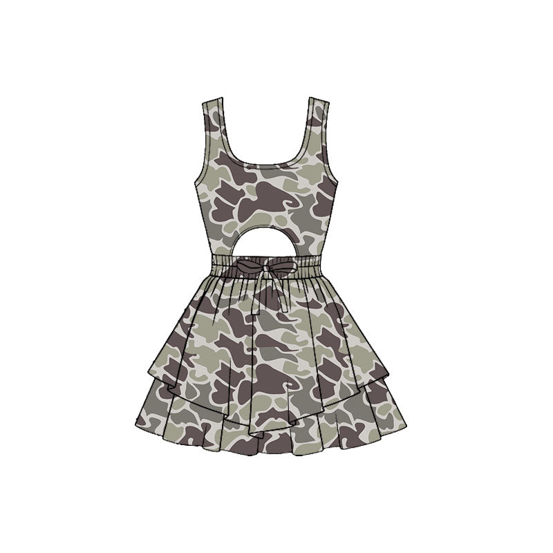 (Pre-order)GSD3191 Dark Brown Camo Print Girls Summer Backless Knee Length Yoga Dress