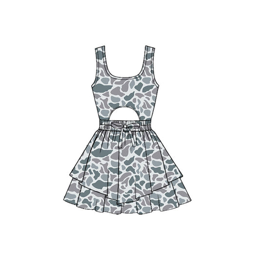(Pre-order)GSD3193 Grey Camo Print Girls Summer Backless Knee Length Yoga Dress