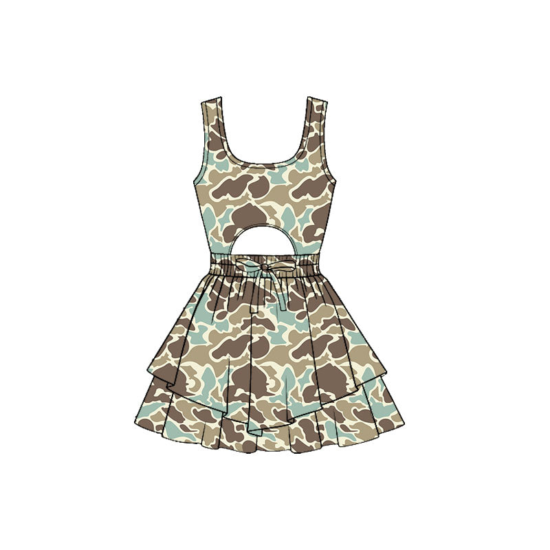 (Pre-order)GSD3194 Brown Blue Camo Print Girls Summer Backless Knee Length Yoga Dress