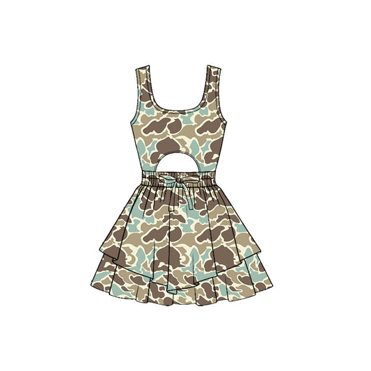 (Pre-order)GSD3194 Brown Blue Camo Print Girls Summer Backless Knee Length Yoga Dress