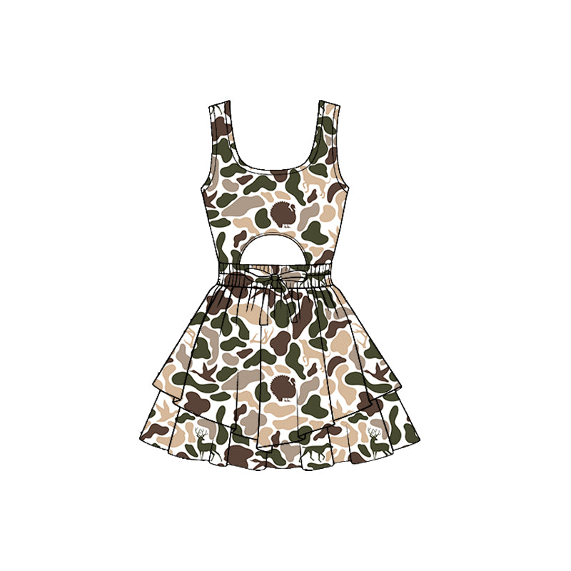(Pre-order)GSD3196 Khaki Brown Camo Print Girls Summer Backless Knee Length Yoga Dress
