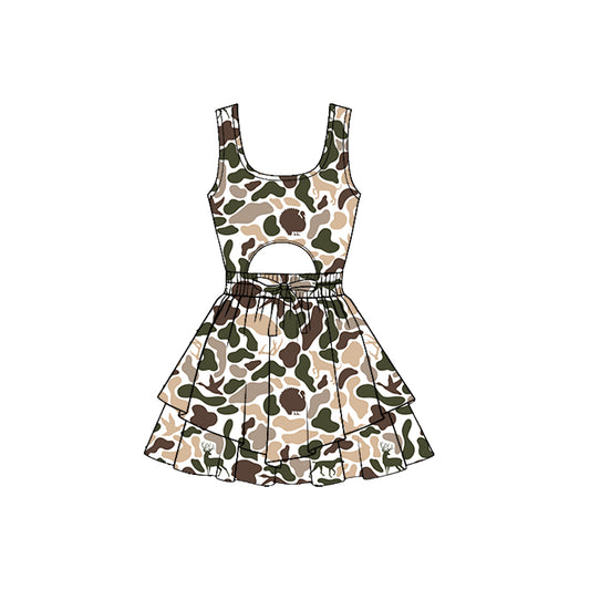 (Pre-order)GSD3196 Khaki Brown Camo Print Girls Summer Backless Knee Length Yoga Dress