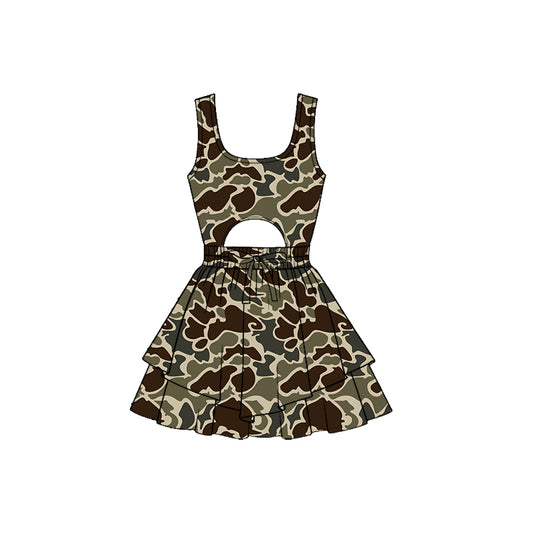 (Pre-order)GSD3198 Dark Brown Camo Print Girls Summer Backless Knee Length Yoga Dress