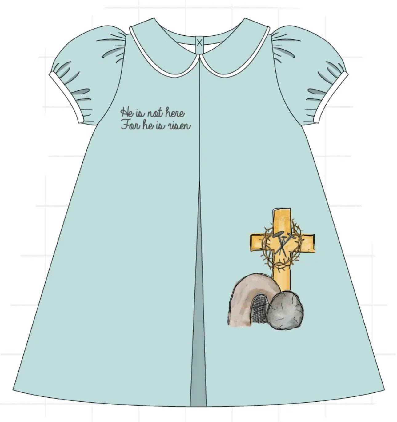 (Pre-order)GSD3200 He is Risen Cross Print Girls Easter Knee Length Dress