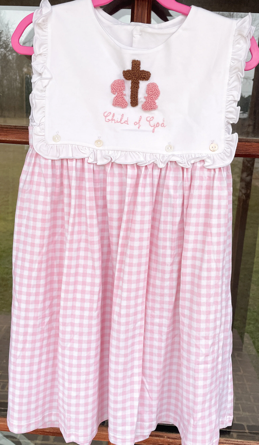 (Pre-order)GSD3201 Child of God Cross Pink Plaid Print Girls Easter Knee Length Dress