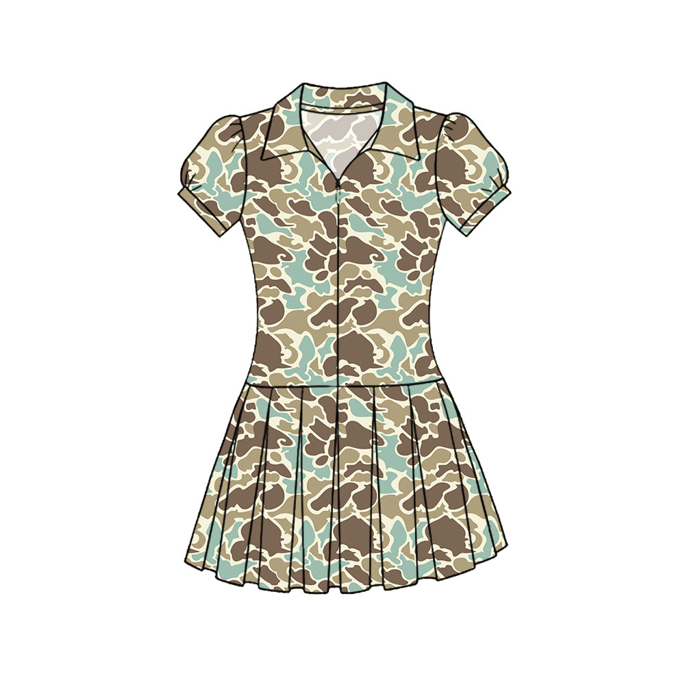 (Pre-order)GSD3217  Brown Blue Camo Print Girls Summer Zipper Knee Length Yoga Dress