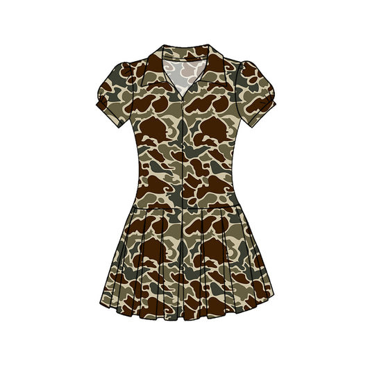 (Pre-order)GSD3221  Dark Brown Camo Print Girls Summer Zipper Knee Length Yoga Dress